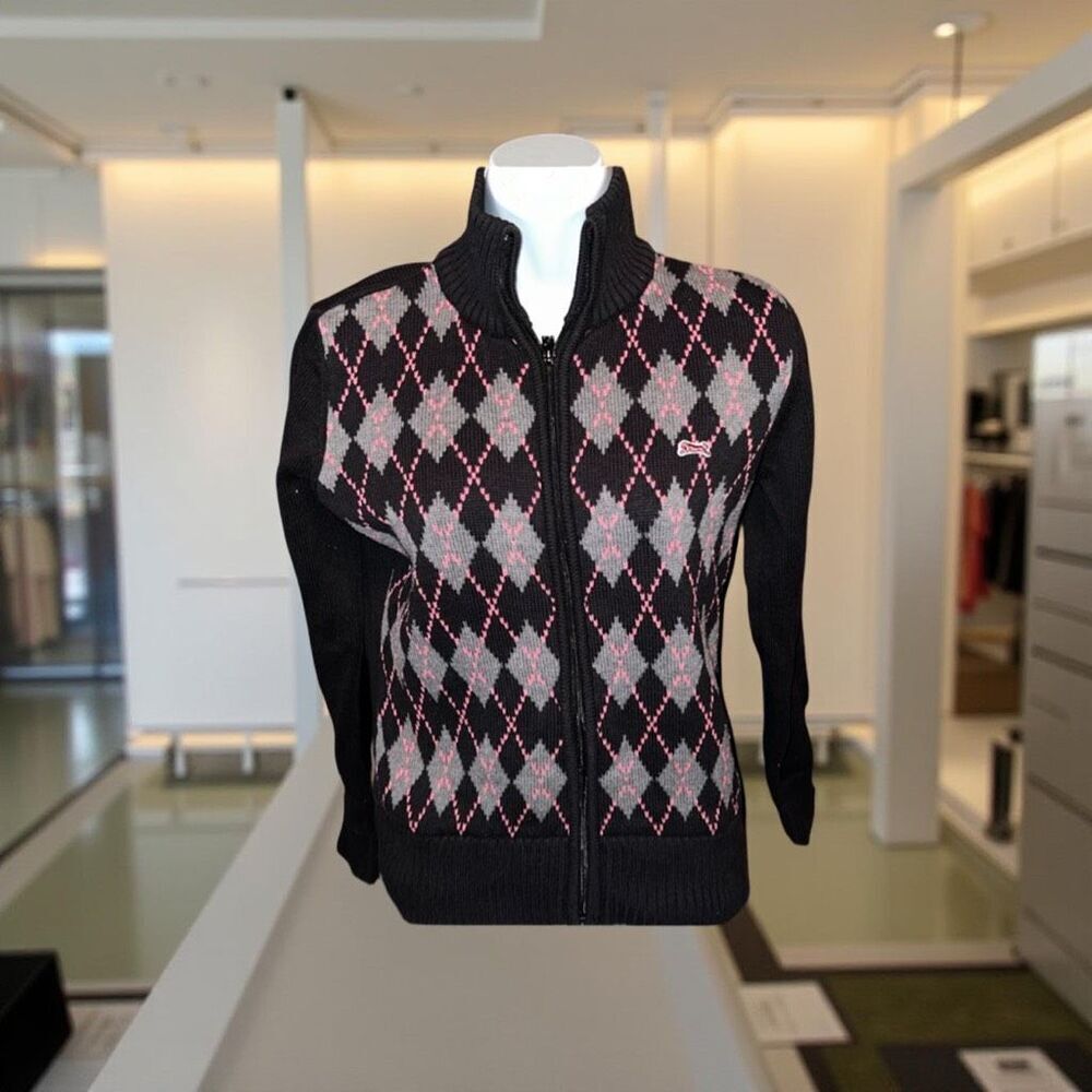 Vintage 90s Le Tigre Black Pink Argyle Zip Up Cardgian Size Large
